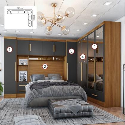 Imagem de Quarto de Casal Completo 5 Peças 6 Portas 4 Gavetas com Maleiro e Espelhos Smart Plus