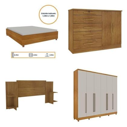 Imagem de Quarto de Casal Roupeiro 6 Portas Portugal com pés, Cama Casal, Cabeceira e Cômoda 5 Gavetas