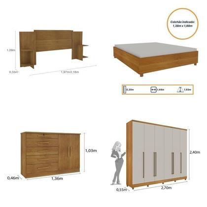 Imagem de Quarto de Casal Roupeiro 6 Portas Portugal com pés, Cama Casal, Cabeceira e Cômoda 5 Gavetas