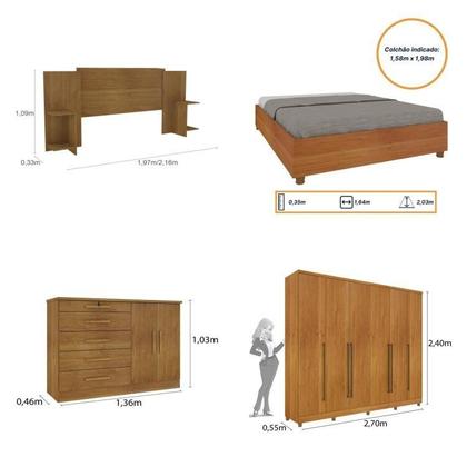 Imagem de Quarto de Casal Roupeiro 6 Portas Portugal com Pés, Cama Casal Queen, Cabeceira e Cômoda 5 Gavetas