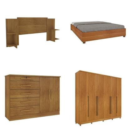 Imagem de Quarto de Casal Roupeiro 6 Portas Portugal com Pés, Cama Casal Queen, Cabeceira e Cômoda 5 Gavetas