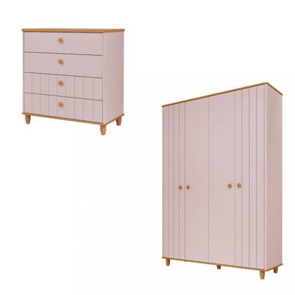 Imagem de Quarto de Infantil Completo Guarda Roupa 4 Portas e Cômoda 4 Gavetas 100 MDF Lívia Permobili