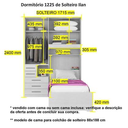 Imagem de Quarto de Solteiro com Guarda-Roupa sem Cama 1225E Branco