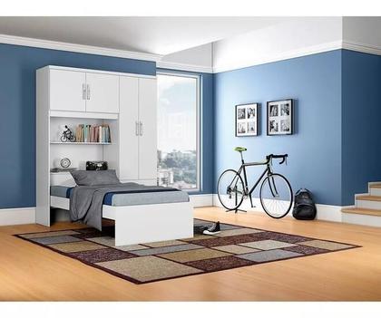 Imagem de Quarto De Solteiro Guarda-roupa Armário 4 Portas Com Cama Sem Colchão Branco - Móveis Leartam