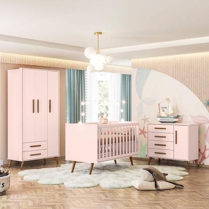 Imagem de Quarto Infantil 3 Peças Com Berço Q Encanto Retrô Rosa - Qmovi
