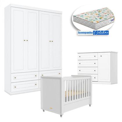 Imagem de Quarto Infantil 4 Portas Americano com Berço Tutto New Ambiente Branco Fosco e Colchão Gazin - Matic