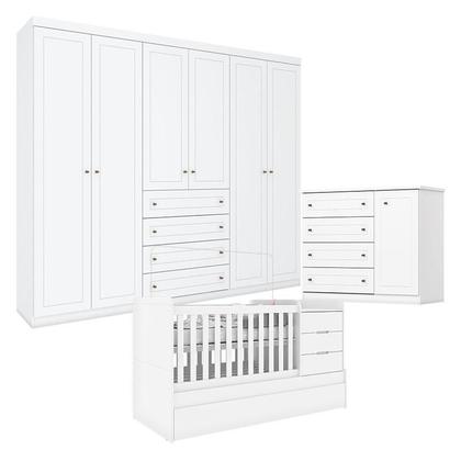 Imagem de Quarto Infantil 6 Portas Americano com Berço Multifuncional Cleo Ambiente Branco Fosco - Henn