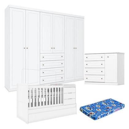 Imagem de Quarto Infantil 6 Portas Mississipi Com Berço Multifuncional Cleo Ambiente Branco Fosco E Colchão Ortobom - Henn