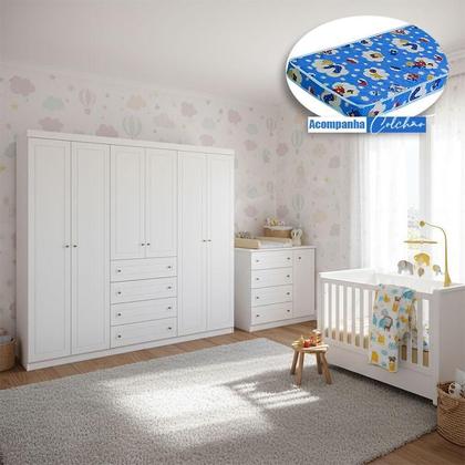 Imagem de Quarto Infantil Americano 6 Portas Ambiente com Berço Tutto New Branco Fosco e Colchão Ortobom - Henn