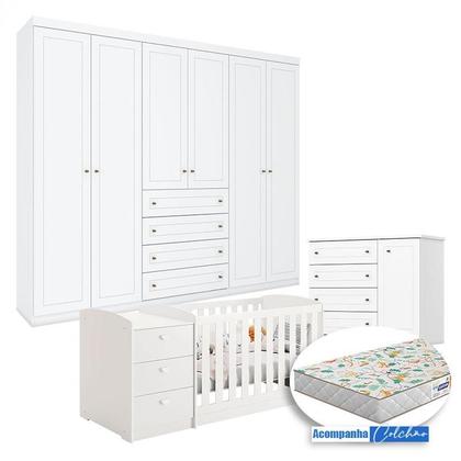 Imagem de Quarto Infantil Americano 6 Portas com Berço Multifuncional Atlanta Ambiente Branco Fosco e Colchão Gazin - Reller