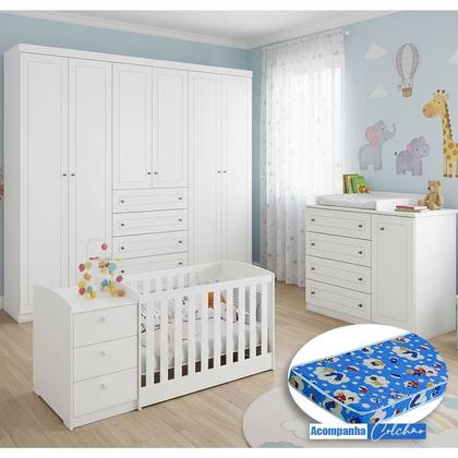 Imagem de Quarto Infantil Americano 6 Portas com Berço Multifuncional Atlanta Branco Fosco e Colchão Ortobom - Reller