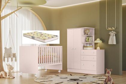 Imagem de Quarto Infantil Berço Com Colchão E Guarda Roupa 2 Portas 3 Gavetas Rosa - Qmovi