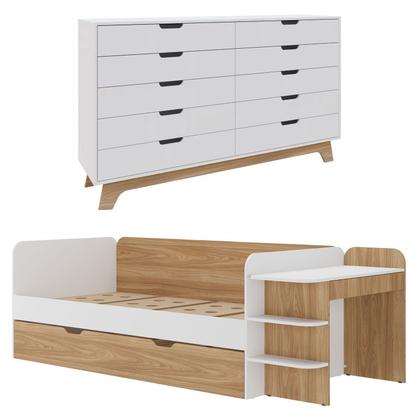 Imagem de Quarto Infantil Cama de Solteiro 3 em 1 e Cômoda 10 Gavetas em Mdf Premium Helena e Alice