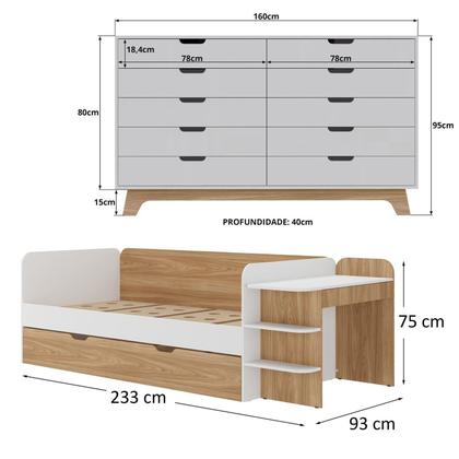 Imagem de Quarto Infantil Cama de Solteiro 3 em 1 e Cômoda 10 Gavetas em Mdf Premium Helena e Alice