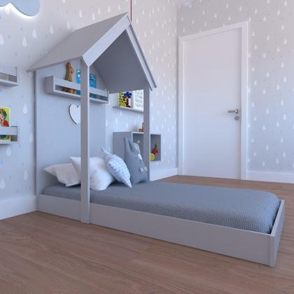 Imagem de Quarto Infantil Cama Nicho Prateleira e Revisteiros Bramov Móveis Cinza Cristal