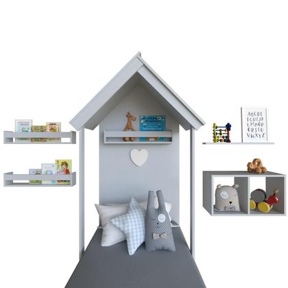 Imagem de Quarto Infantil Cama Nicho Prateleira e Revisteiros Bramov Móveis Cinza Cristal