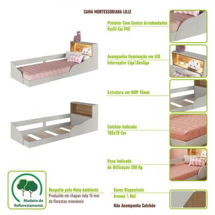 Imagem de Quarto Infantil Cama Solteiro Montessoriana Led Cômoda e Guarda Roupas CJ078 Lille