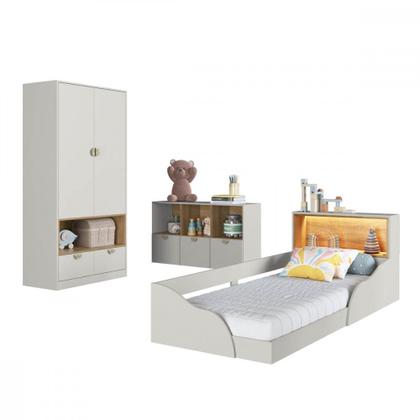 Imagem de Quarto Infantil Cama Solteiro Montessoriana Led Cômoda e Guarda Roupas CJ078 Lille