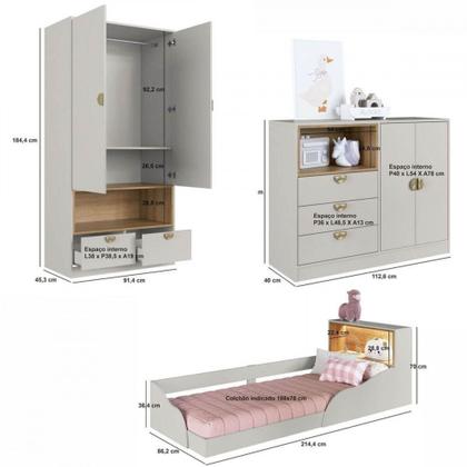 Imagem de Quarto Infantil Cama Solteiro Montessoriana Led Cômoda Guarda roupa CJ076 Lille Art In Móveis