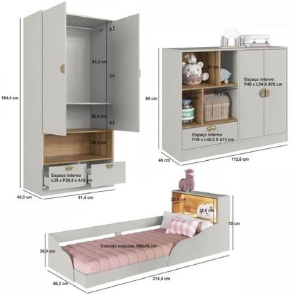 Imagem de Quarto Infantil Cama Solteiro Montessoriana Led Cômoda Guarda Roupa CJ077 Lille Art In Móveis