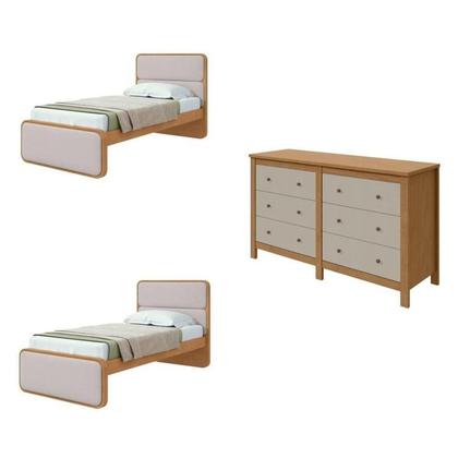 Imagem de Quarto Infantil com 2 Camas de Solteiro Loop e 1 Mesa de Cabeceira Maggiore Amêndoa Clean / Off White