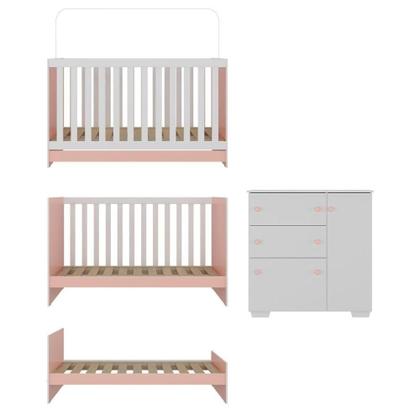 Imagem de Quarto Infantil Com Berço 3 Em 1 E Cômoda Algodão Doce Multimóveis Mp4249 Branco/rosa