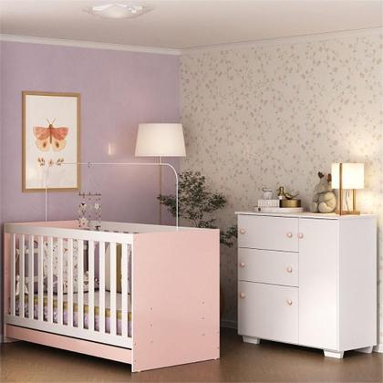 Imagem de Quarto Infantil Com Berço 3 Em 1 E Cômoda Algodão Doce Multimóveis Mp4249 Branco/rosa