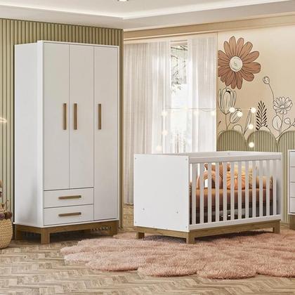 Imagem de Quarto Infantil Com Berço Americano 4315 e Guarda Roupa 4340 Q Encanto Slim Branco Acetinado  Qmovi