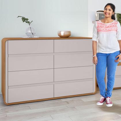 Imagem de Quarto Infantil com Cama Solteiro Loop Tecido Corano e Cômoda 8 Gavetas 152x48x96cm Loop Amêndoa Clean/Off White