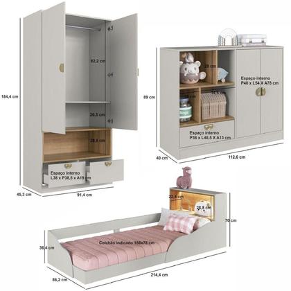 Imagem de Quarto Infantil com Cama Solteiro Montessoriana com Iluminação Led, Comoda e Guarda-Roupas Lille Arenas