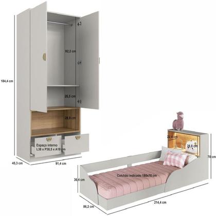 Imagem de Quarto Infantil com Cama Solteiro Montessoriana com Iluminação Led e Guarda-roupas Lille