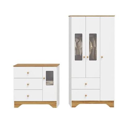 Imagem de Quarto Infantil com Guarda-roupa 3 Portas e Cômoda com Janelas 100% Mdf Cocada Espresso Móveis Branco Brilho/Amêndoa