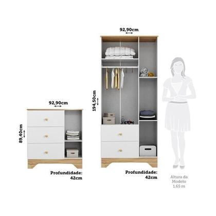 Imagem de Quarto Infantil com Guarda-roupa 3 Portas e Cômoda com Janelas 100% Mdf Cocada Espresso Móveis Branco Brilho/Amêndoa