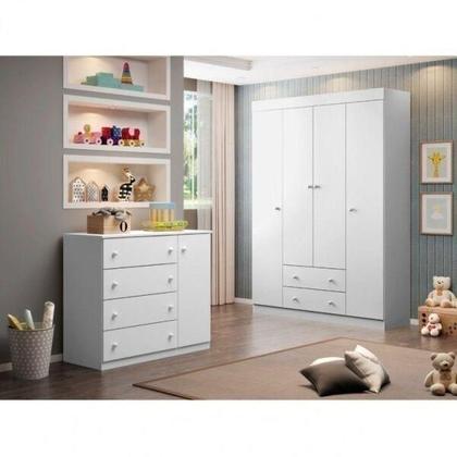 Imagem de Quarto Infantil com Guarda Roupa 4 Portas 2 Gavetas e Cômoda Helena Phoenix Baby Branco