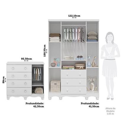 Imagem de Quarto Infantil com Guarda-Roupa 4 Portas e Cômoda com Janelas 100% MDF Lana Espresso Móveis Branco Brilho
