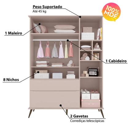Imagem de Quarto Infantil  com Guarda Roupa Melinda e Cômoda Retro Rosa