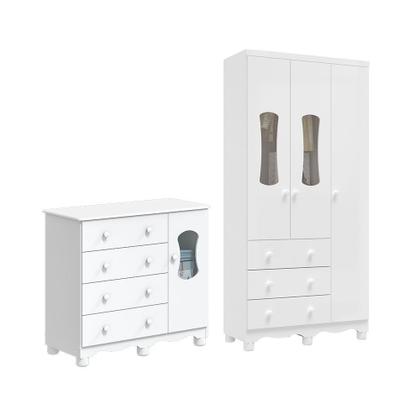 Imagem de Quarto Infantil com Guarda Roupas 3 Portas e Cômoda com Janelas 100% MDF Lana Espresso Móveis Branco/Brilho