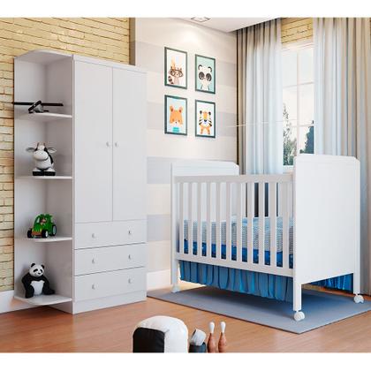 Imagem de Quarto Infantil Compacto com Berço Mini Cama Cloe, Guarda Roupa com Prateleiras Móveis Peroba Branco