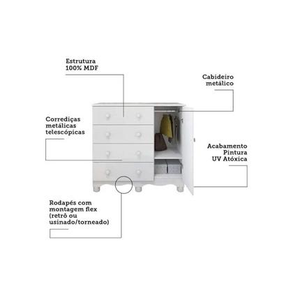 Imagem de Quarto Infantil Completo 3 Peças (1GuardaRoupa+1Berço+1Cômoda) QI121 Branco/Amendoa - Peroba