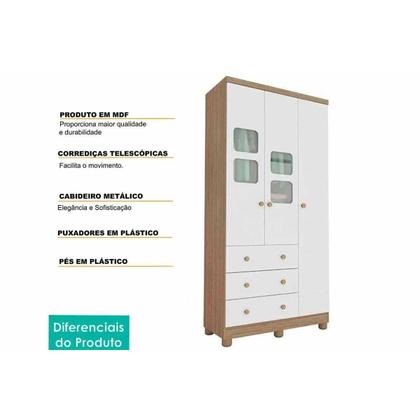 Imagem de Quarto Infantil Completo 3 Peças (1GuardaRoupa+1Berço+1Cômoda) QI126 Branco/Amendoa - Peroba