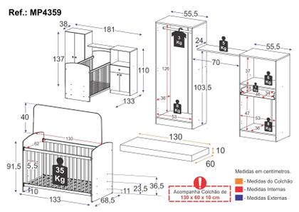 Imagem de Quarto Infantil Completo Berço com Colchão Incluso Guarda-Roupa e Cômoda Multimóveis MP4359