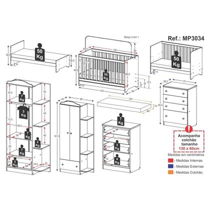 Imagem de Quarto Infantil Completo c/ Berço 3x1 e Colchão Incluso Multimóveis João e Maria FG3034 Bco/Colorido