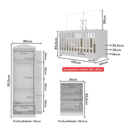 Imagem de Quarto Infantil Completo c/ Berço 3x1 e Colchão Incluso Multimóveis João e Maria FG3034 Bco/Colorido