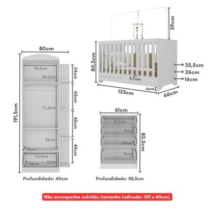 Imagem de Quarto Infantil Completo com Berço 3x1 Multimóveis FG3033 Branco/Colorido