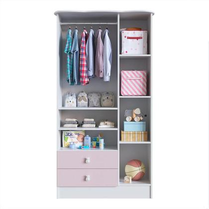 Imagem de Quarto Infantil Completo Docinho com Guarda Roupa, Cômoda, Mini Cama e Nicho Espresso Móveis Branco/Rosa