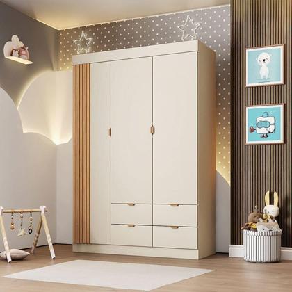 Imagem de Quarto Infantil Completo Guarda-Roupa 3 Portas 4 Gavetas com Cômoda 100% MDF Ayla Off White