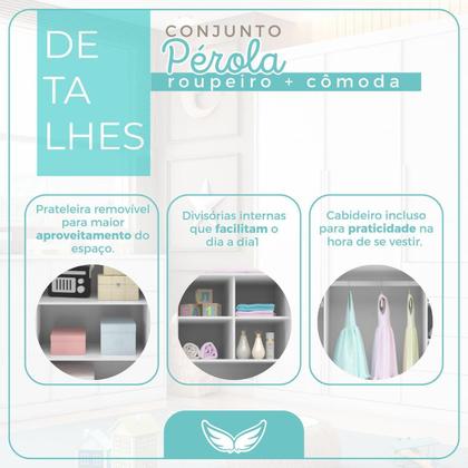 Imagem de Quarto Infantil Completo Guarda Roupa 3 Portas 4 Gavetas com Cômoda 2 Portas 3 Gavetas Branco