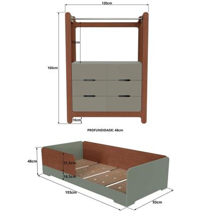Imagem de Quarto Infantil Completo Guarda-Roupa Closet e Cama Solteiro Montessoriana 100% MDF Olivia e Mark Verti/ Castanho