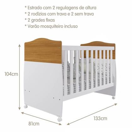 Imagem de Quarto Infantil Completo Jujuba Guarda Roupa, Comoda e Berço Branco/Nature - Permobili Baby