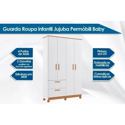 Imagem de Quarto Infantil Completo Jujuba Guarda Roupa, Comoda e Berço Branco/Nature - Permobili Baby